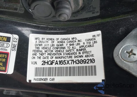 2007 Honda Civic Lx z USA, uszkodzony, nr VIN 2HGFA165X7H309210